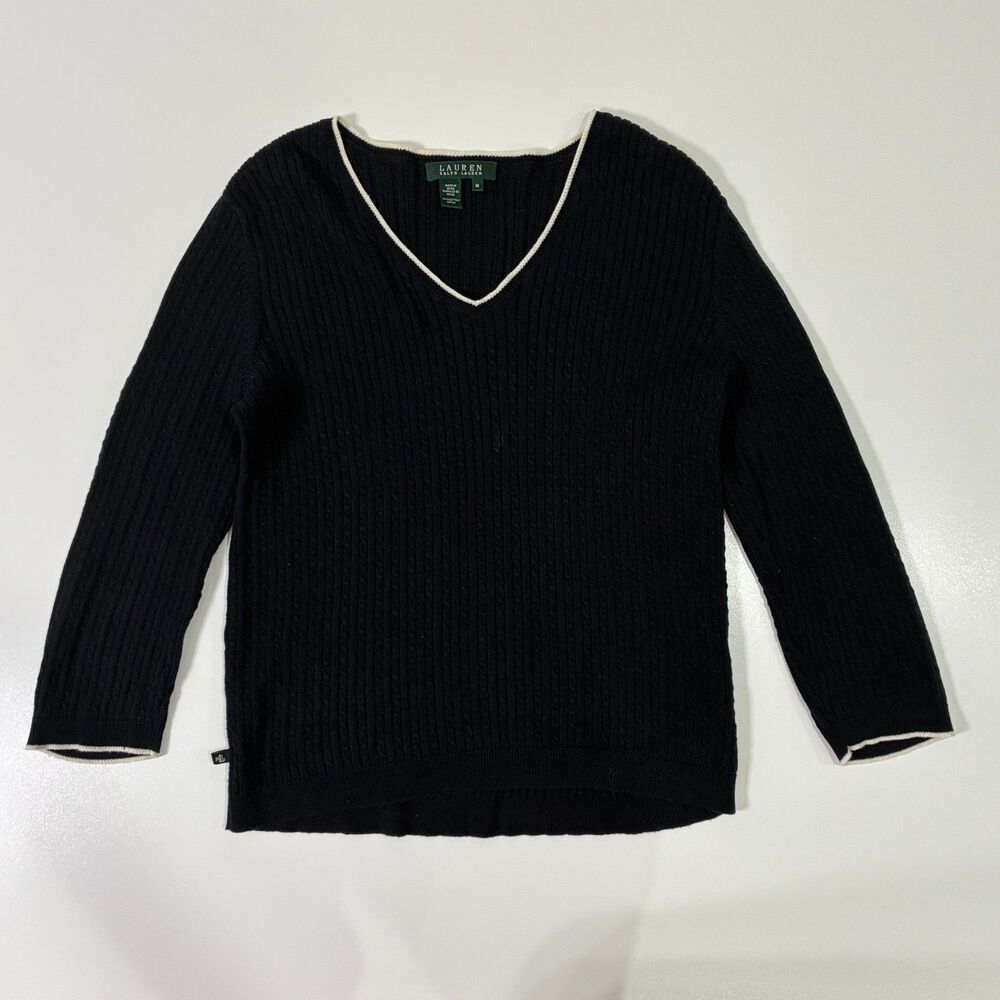 Lauren Ralph Lauren Cable Knit V-Neck Sweater Black Cream Trim M